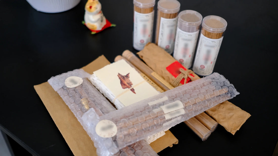 Assorted Chinese incense sticks and packages arranged on a black table.