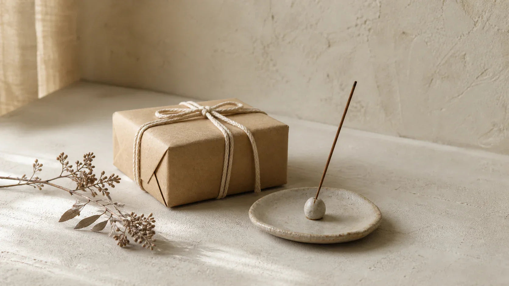 A wrapped parcel beside a ceramic incense holder in soft natural light