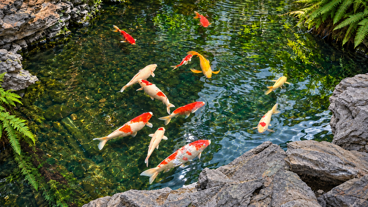 Colorful koi swimming in a stone-lined pond in a Chinese garden