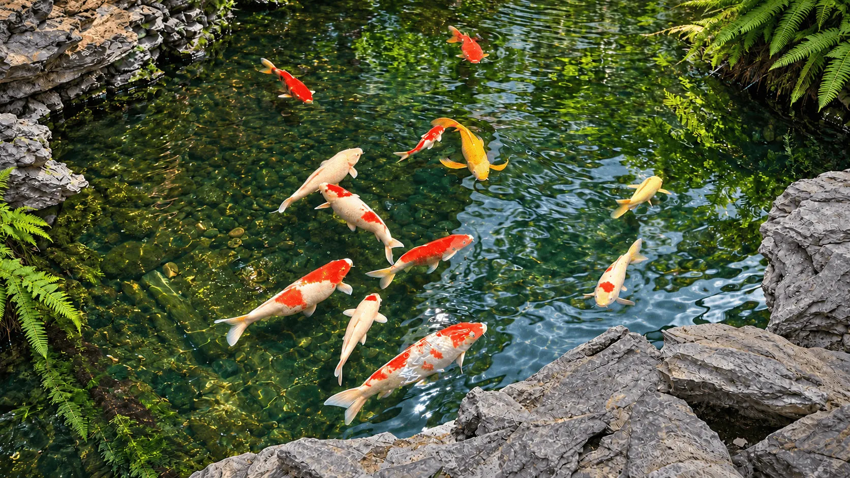 Several koi fish swim in a clear garden pond surrounded by rocks and green ferns.