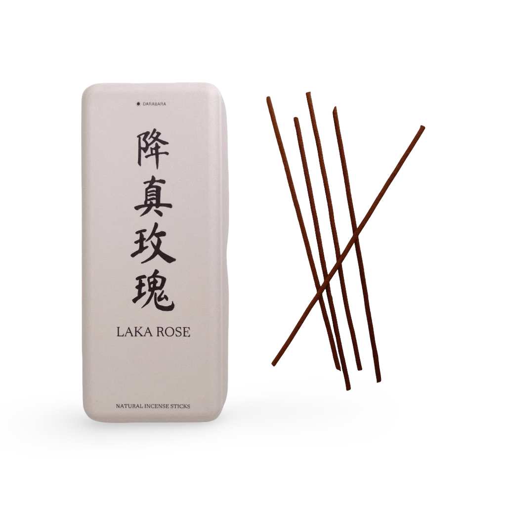 Laka Rose paper box beside loose 14 cm coreless incense sticks.