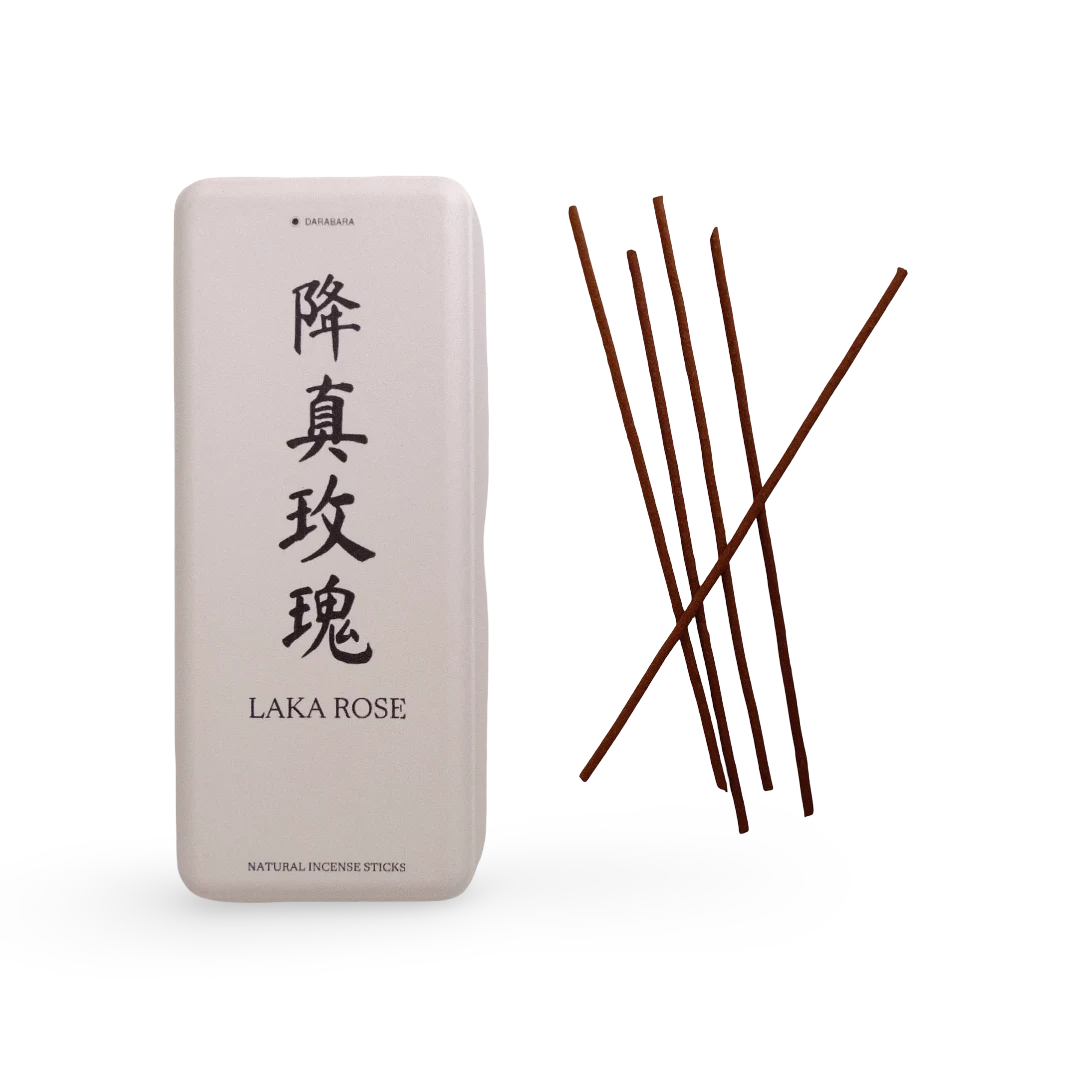 Laka Rose paper box beside loose 14 cm coreless incense sticks.