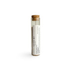 A clear glass tube with a cork stopper and a white label reading JIAN NING Incense, containing brown herbal powder, photographed on a clean white background.