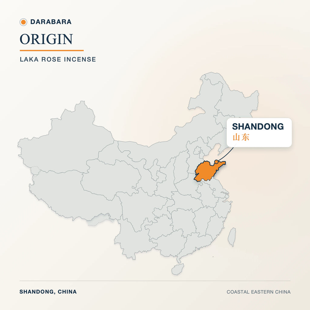 Map of China including Taiwan with Shandong highlighted as the origin of DARABARA Laka Rose incense