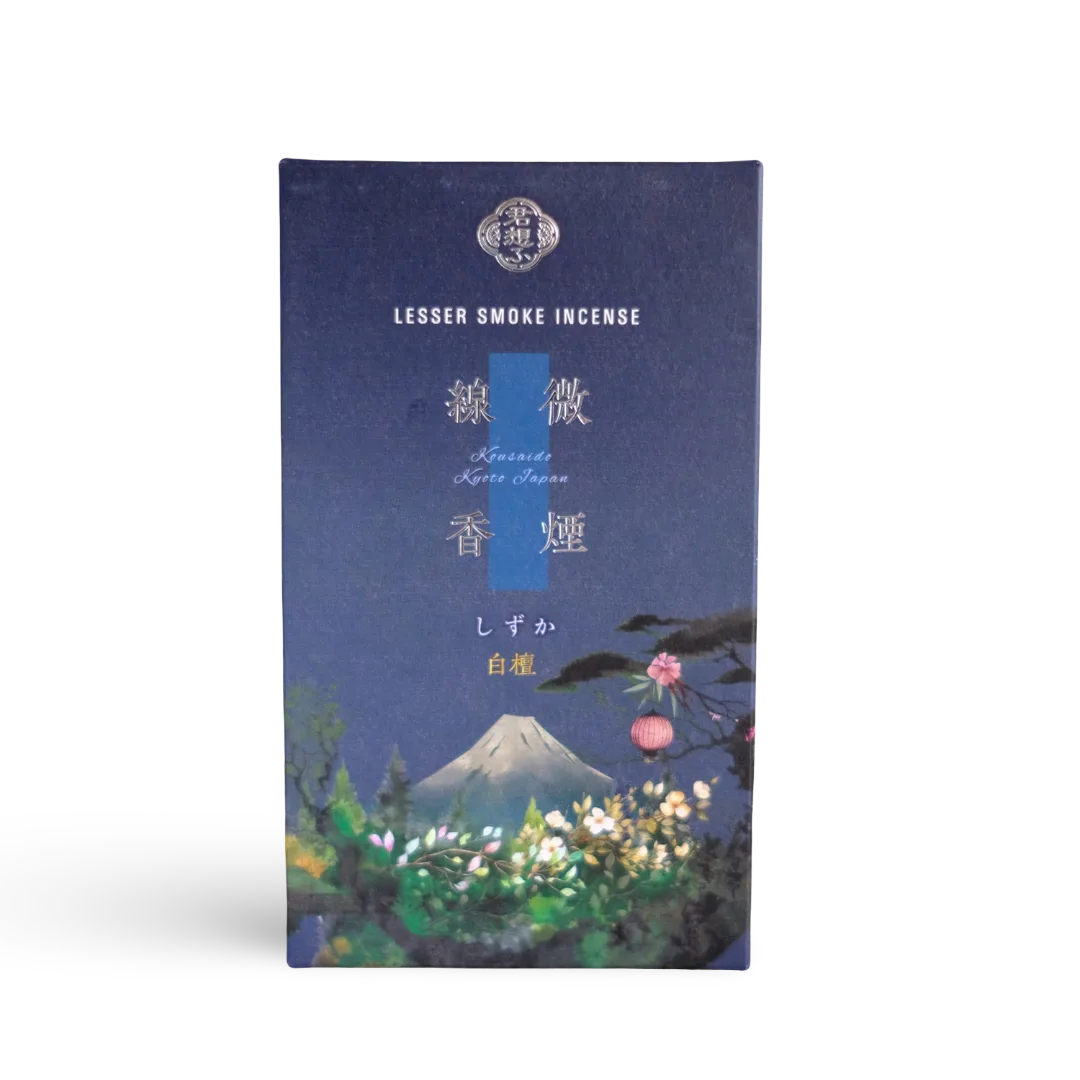 Kousaido branded Incense packaging with Mount Fuji and floral design on a blue background