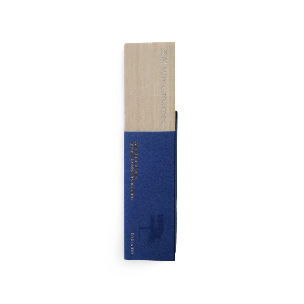 Blue and beige incense box with 'Kousaido' branding on a white background