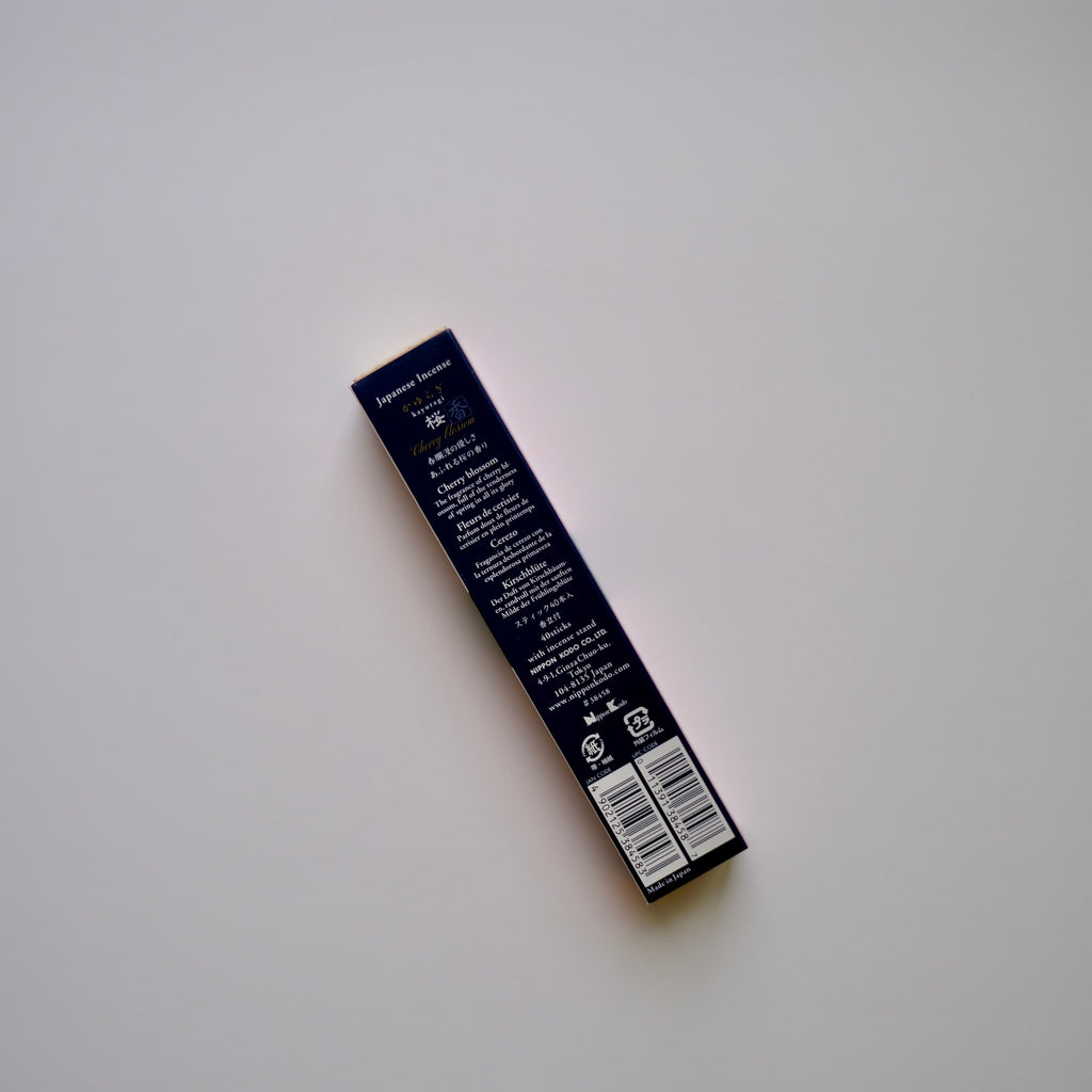 back of the KAYURAGI - Cherry Blossom 40 sticks by Nippon Kodo Incense, showing text on package.