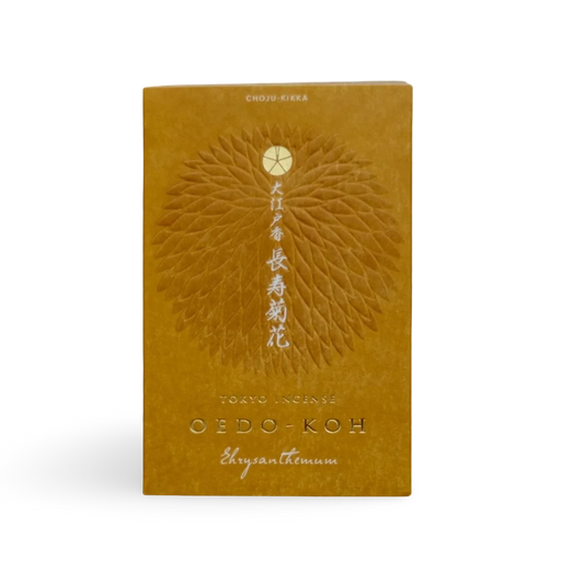 Brown box of incense from brand Nippon Kodo with embossed design and text on a white background